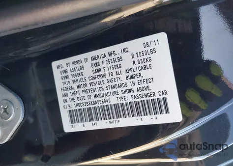 2011 Honda Accord 3.5 Ex-L z USA, uszkodzony, nr VIN 1HGCS2B8XBA008840